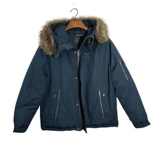 Andrew Marc Daytona Faux‎ Fur Trim Jacket Coat Navy Blue Size XL